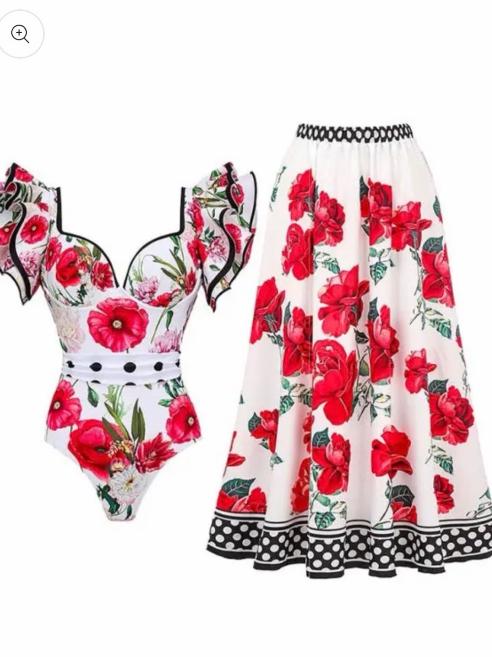 White Floral Swim Coverup Skirt with Red Rose Print
